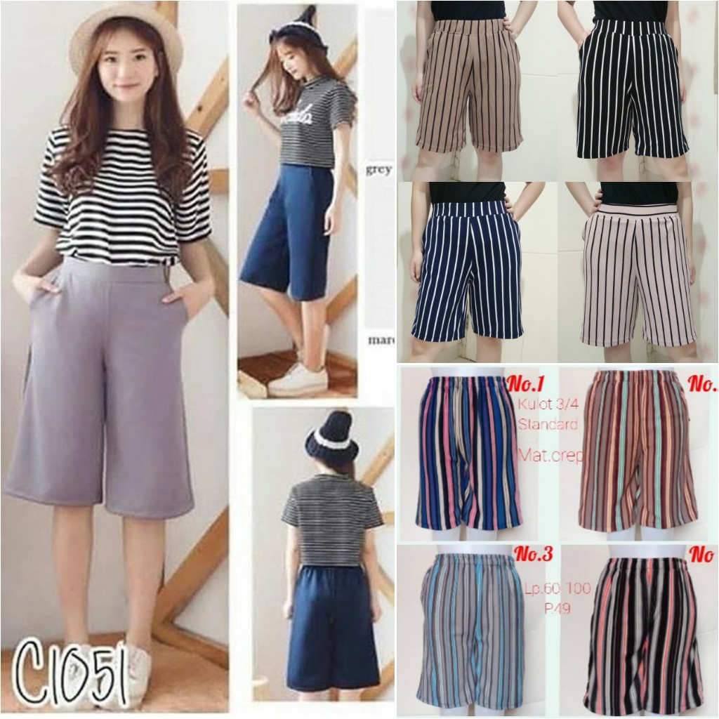 TERMURAH!! CELANA KULOT PENDEK WANITA / Kulot Crepe Polos Salur Stripe Motif Pelangi Norway 3/4