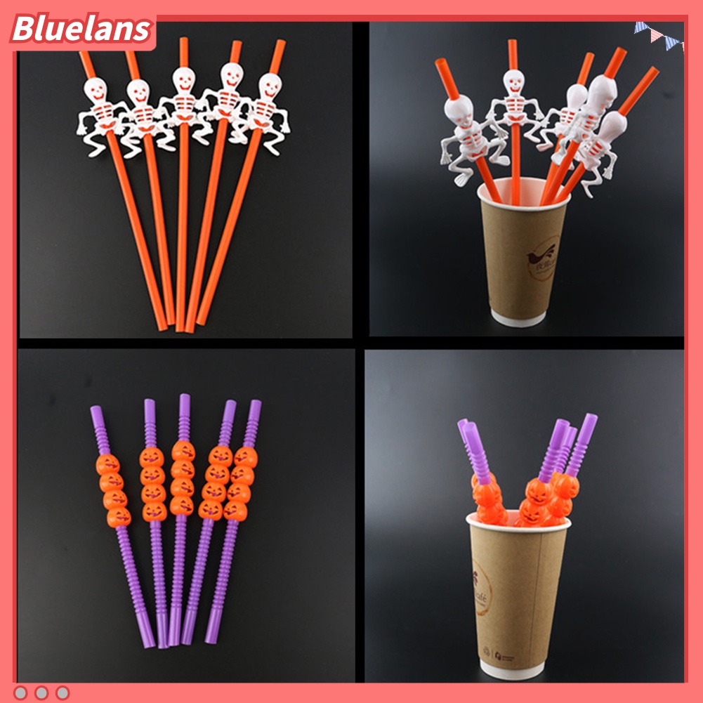 5 Pcs Sedotan Minum Reusable Desain Labu Tengkorak Halloween Untuk Perlengkapan Pesta