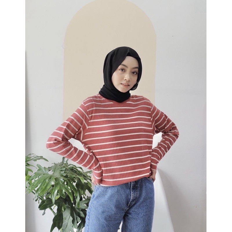 READYBASIC - BAJU KAOS LENGAN PANJANG BAHAN KATUN CABUT JARUM STRIPE TEE