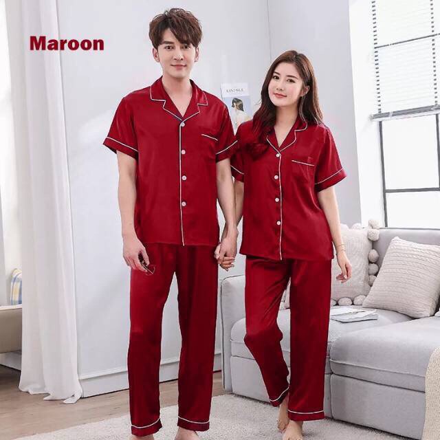 PIYAMA SATIN COUPLE PREMIUM TEBAL HALUS dapat 2 pcs lengan pendek celana panjang ( sepasang 2 pcs )