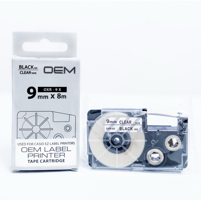 OEM TAPE EZ LABEL CASIO 9MM BLACK INK CLEAR (OXR-9X)