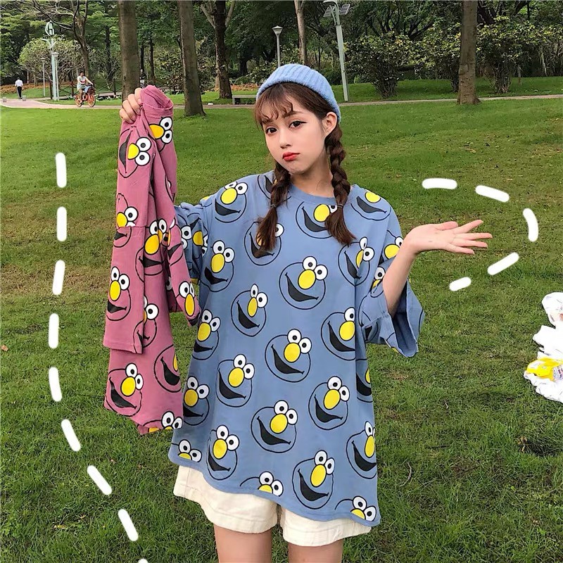 Oversize Tee Tshirt Model Longgar Untuk Wanita Motif Elmo