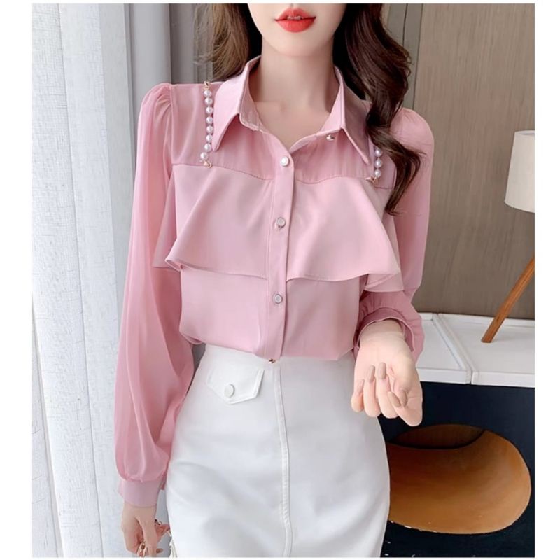 27841 Pakaian Atasan Blus blose blouse kemeja lengan panjang polos kancing depan kerah  import wanit
