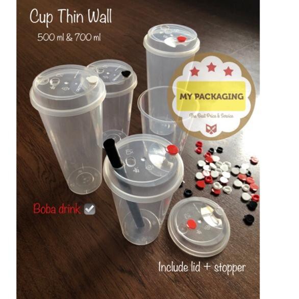 Gelas Plik Boba / Thinwall Cup PP Injection 500ml 16oz (Cup+lid+stopper) PUM-(25set) Terkini