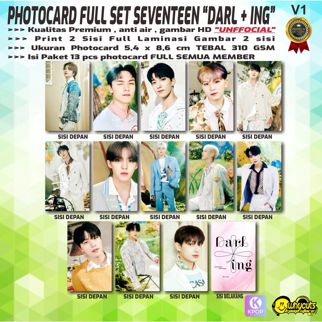 PHOTOCARD FULL SET PC PREMIUM SEVENTEEN DARL+ING / PRINT 2 SISI FULL LAMINASI GLOSSY / ANTI AIR / ISI 13 PCS