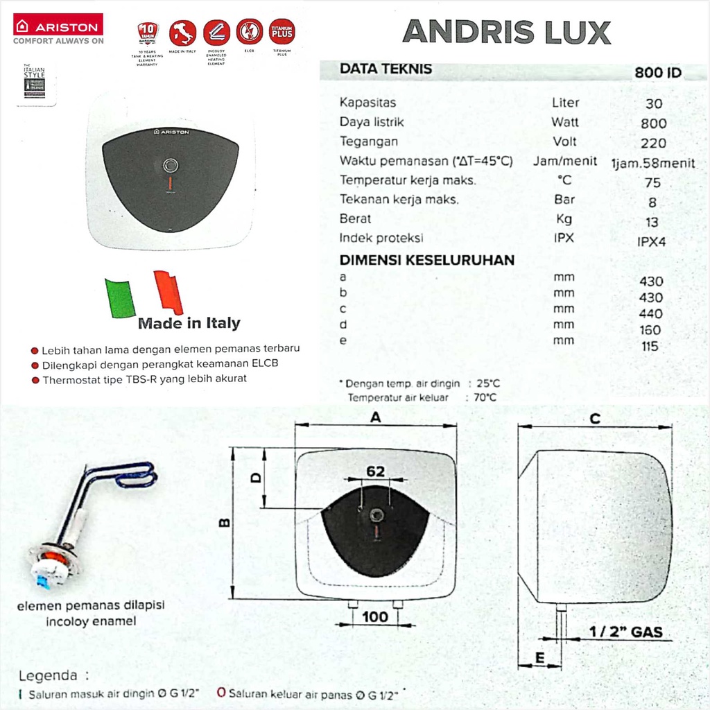 Ariston Andris Lux 30 Liter Listrik 800 Watt Water Heater Pemanas Air