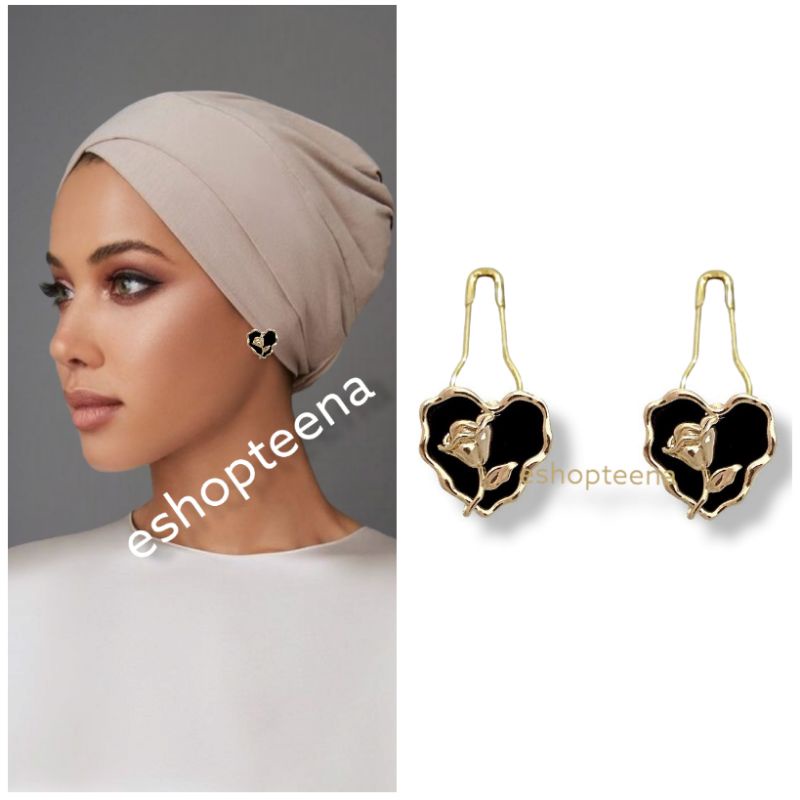 A17 anting hijab love mawar hitam gold_anting jilbab