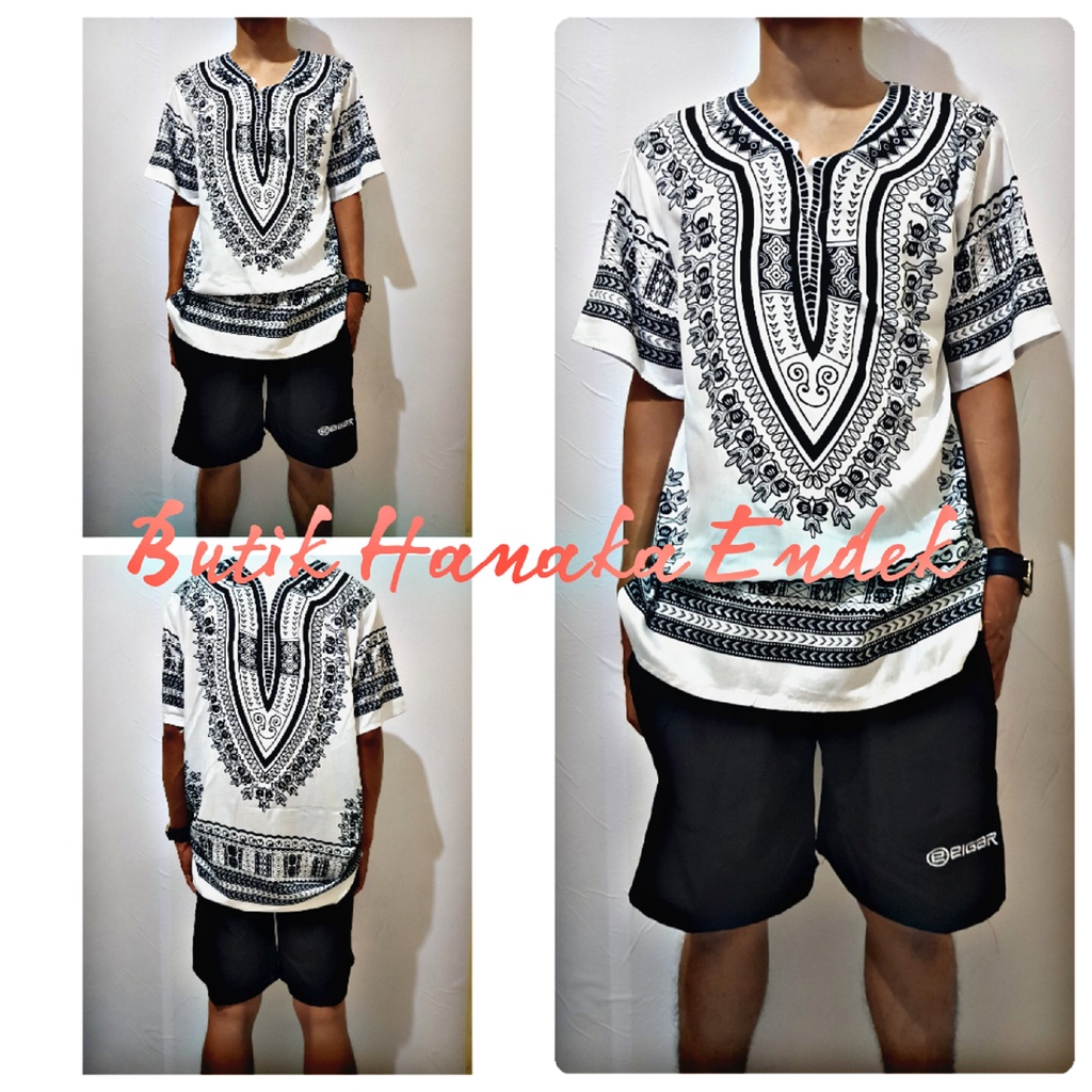 Baju dan Celana Pendek Setelan Etnik Dashiki Putih Polos Pria/Wanita (Unisex)