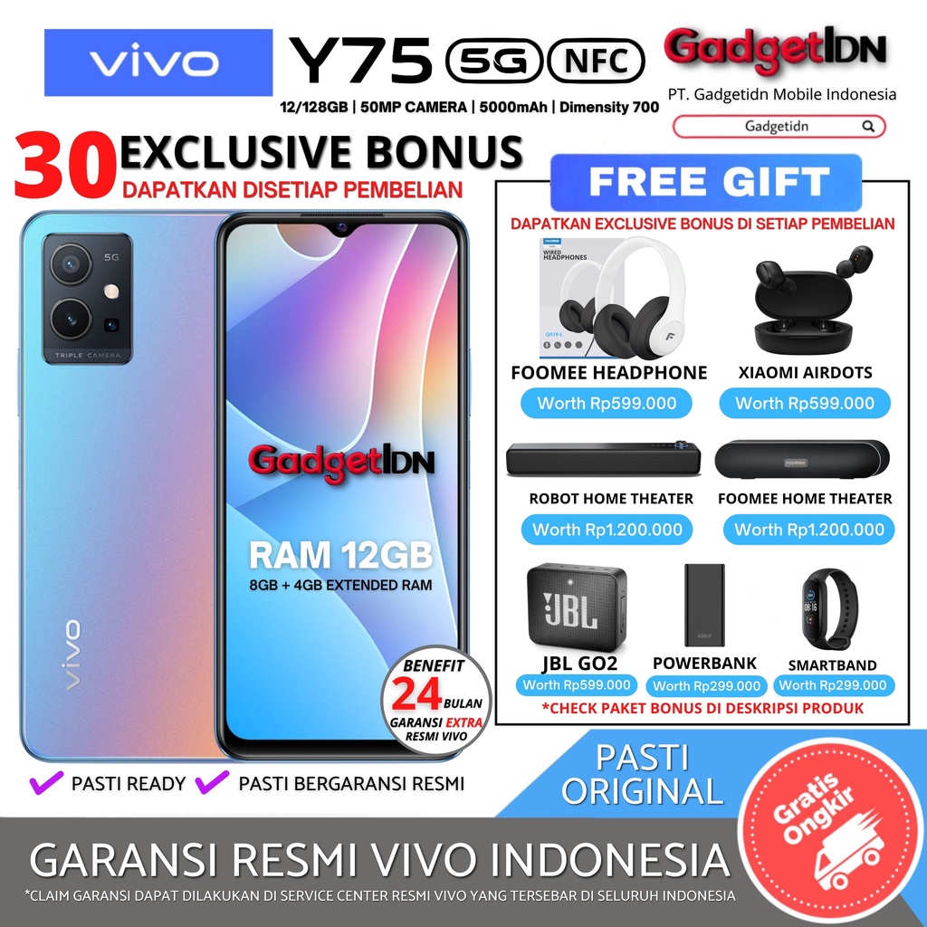 VIVO Y75 5G NFC 12/128GB (RAM 8GB + 4GB EXTENDEDRAM) GARANSI RESMI