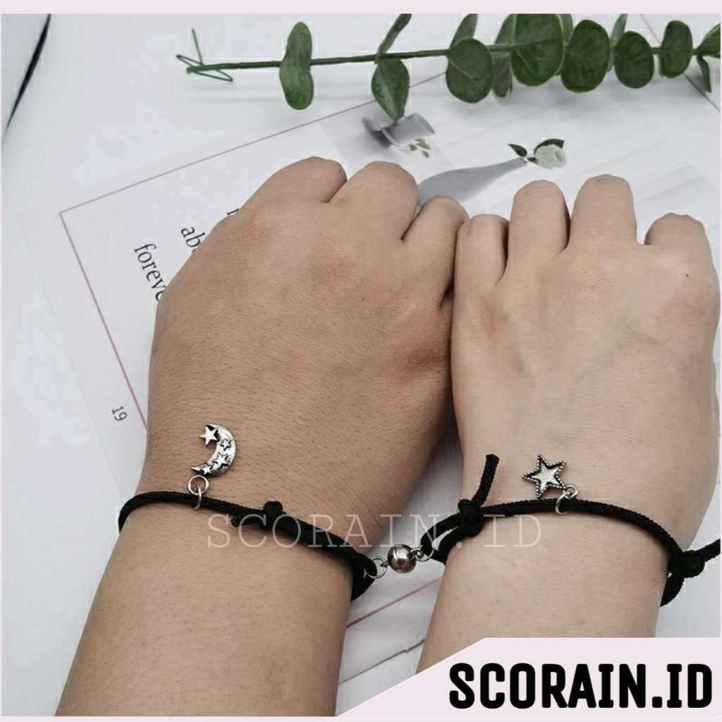 GELANG COUPLE MAGNET STAR AND MOON | GELANG KAPEL BINTANG DAN BULAN CEWE COWO COUPLE PASANGAN BESTIE | GELANG TALI HITAM LIOTIN MAGNET BBULAN DAN BINTANG PERSAHABATAN