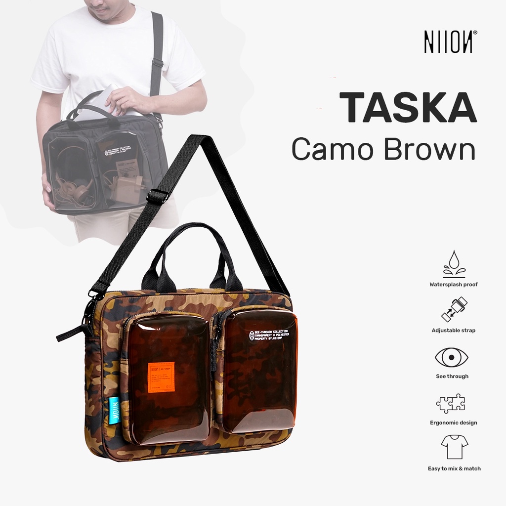 Niion Taska Camo Brown Laptop Sling Bag / Tas Selempang Laptop 15inch Wanita Pria