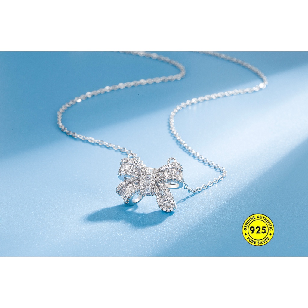 Kalung Desain Pita Aksen Berlian Imitasi Bahan S925 Silver Untuk Wanita