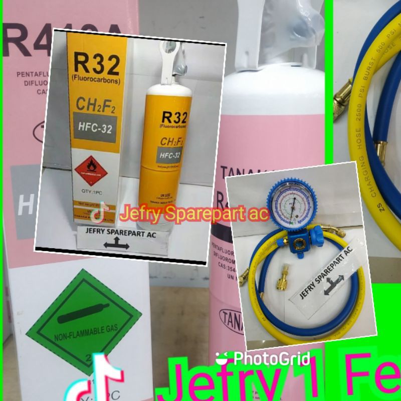 PAKET PREON R32 PAKETAN ISI  AC SINGLE MANIFOLD + SELANG R22 + ADAPTOR R32 + R32 650GRAM