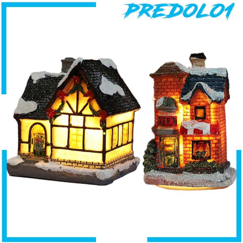 [PREDOLO1] 2x Mini Christmas Snow House LED Village Dollhouse Set Table Garden Decor