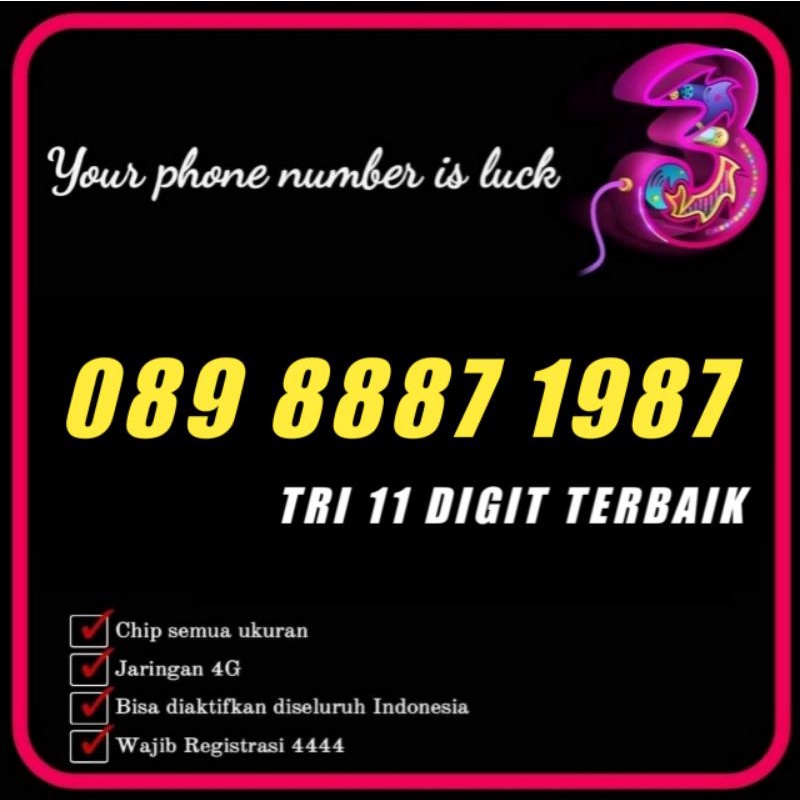 Nomor Cantik Tri 11 Digit 1987 Perdana 8887 1987