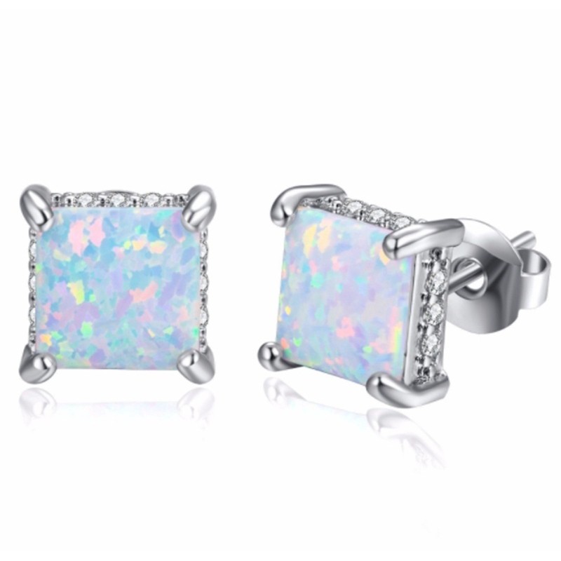 SEUSUK  Anting Tusuk Opal Model Princess Warna Silver untuk Pertunangan / Pernikahan