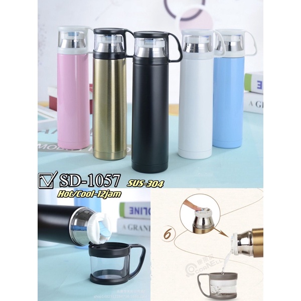 botol minum termos dengan Gelas Cup Head 500ml Botol Termos Air - Termos Mini Kecil Air Panas Stainl
