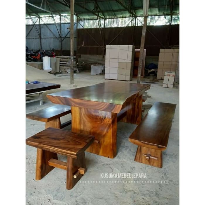 Set Meja Makan Kayu Trembesi Utuh Model Sate (Panjang 180cm)