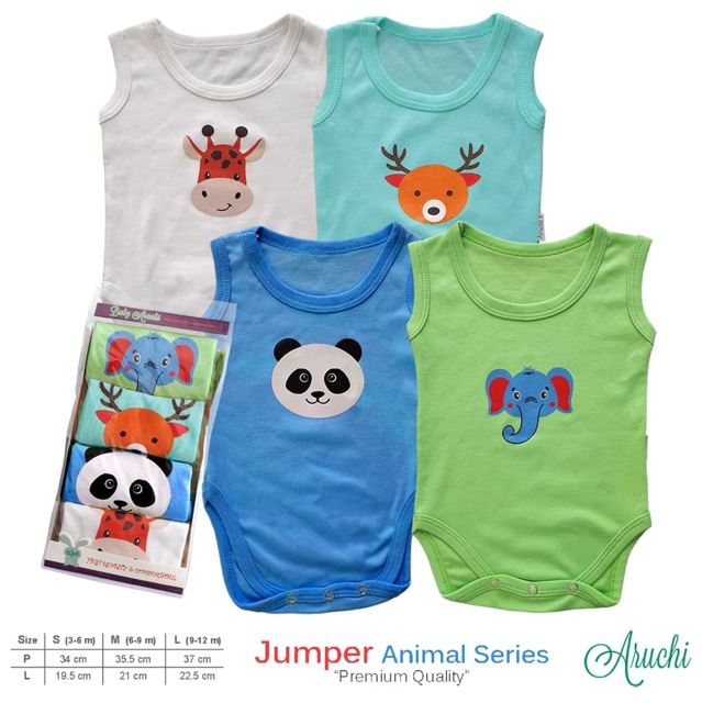 (4 Pcs) Singlet Jumper Aruchi Animal Series / Jumper Bayi / Piyama Bayi