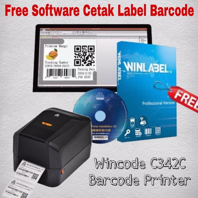 BARCODE PRINTER WINCODE C342C THERMAL TRANSFER/RIBBON BONUS APLIKASI CETAK LABEL WINLABEL by PANDA