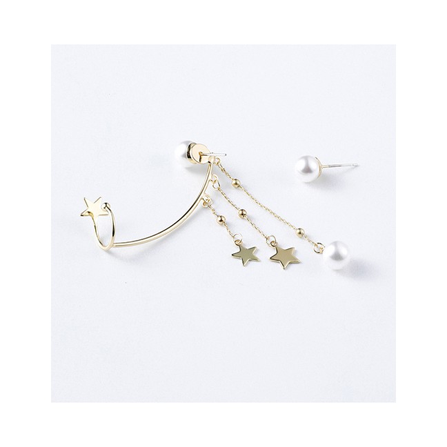 LRC Anting tusuk Fashion Golden Pentagram Tassel Pearl Ear Bone Earrings Integrated D78101