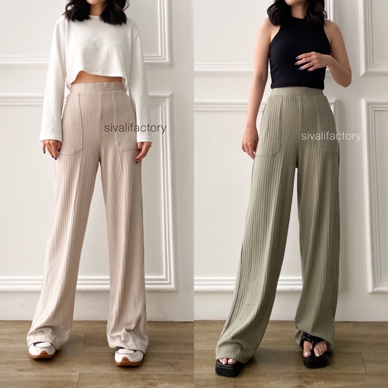 SIVALI Yuna Pants - Celana Kulot Knit Highwaist - Cullote Pants - Celana Wanita