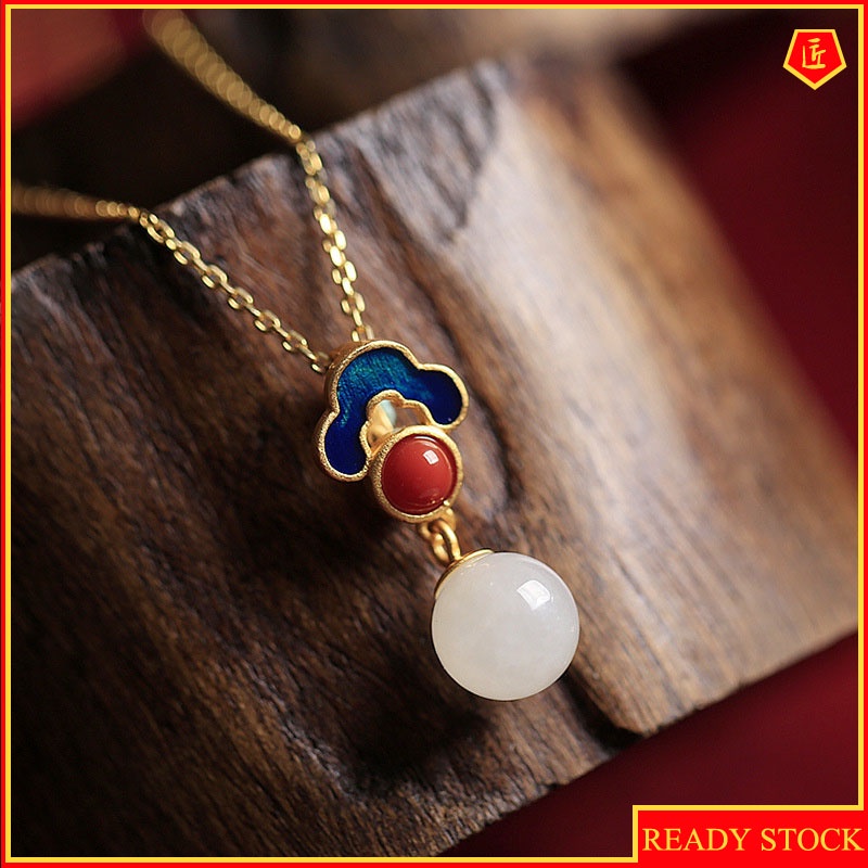 [Ready Stock]Original 925 Silver Hetian Jade Enamel Pendant Retro Chinese Style