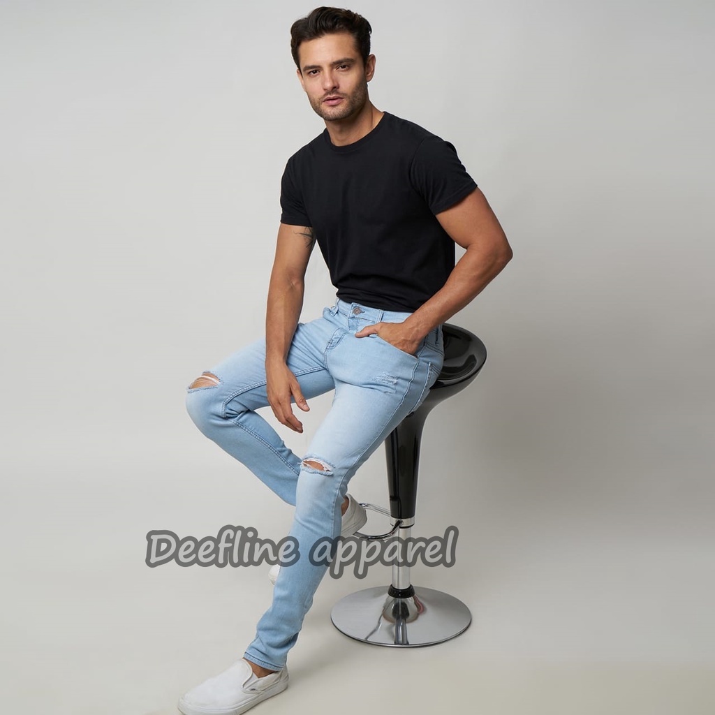 Deefline - Celana Jeans Pria Skinny Slimfit Ripped Jeans ICE BLUE