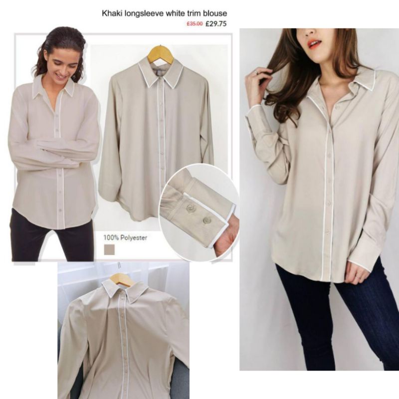 KEMEJA WANITA H*M ATASAN WANITA POLYESTER BEIGE GREY LONGSLEEVE COLLAR LENGAN PANJANG KERAH LEMBUT O