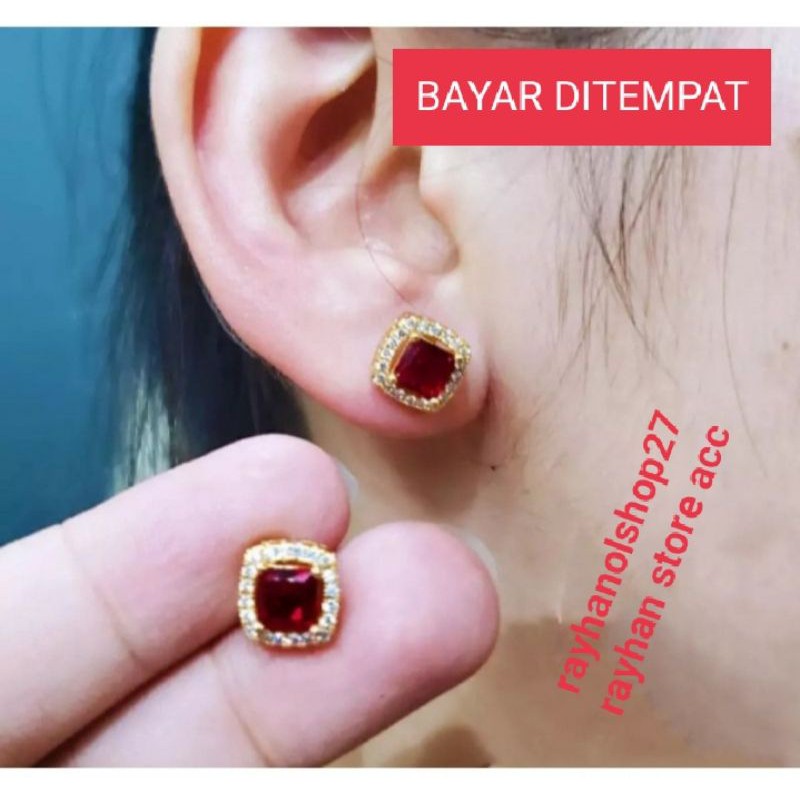 Anting premium xuping Tusuk motif Kotak mata satu permata lapis emas 23k termurah