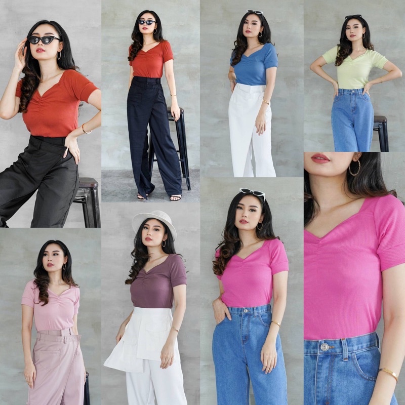 LESYA TOP BAJU ATASAN BLOUSE WANITA BAHAN RIB RAJUT KNIT LENGAN PENDEK V NECK VNECK V-NECK POLOS GREEN LATTE GREY WHITE BLACK FUCHSIA BROWN ARMY BRICK TERRACOTA BATA LAVENDER PURPLE PINK LIGHT GREEN TEA PASTEL GREEN DARK BLUE-5