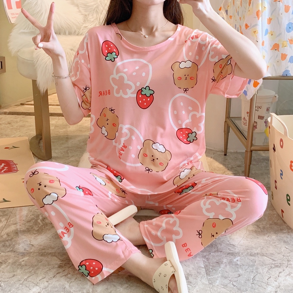 UNNY.ID Baju Setelan Piyama Import Lengan Pendek Celana Panjang Baju Rumah Baju Tidur Wanita Motif Kartun-Pink Berry Bear