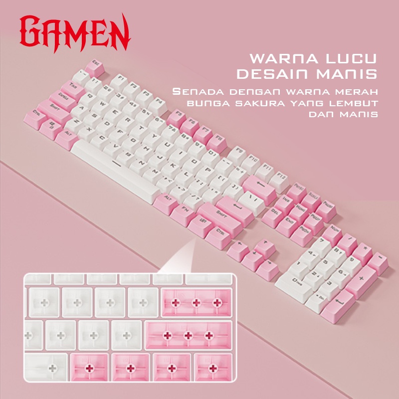 GAMEN PBT Keycaps Pink White for Mechanical Keyboard / Keycaps GMK01 Kompatibel dengan Keyboard Mekanik MX Bahan PBT &amp; Tidak Berminyak Original - Garansi resmi 1 Tahun