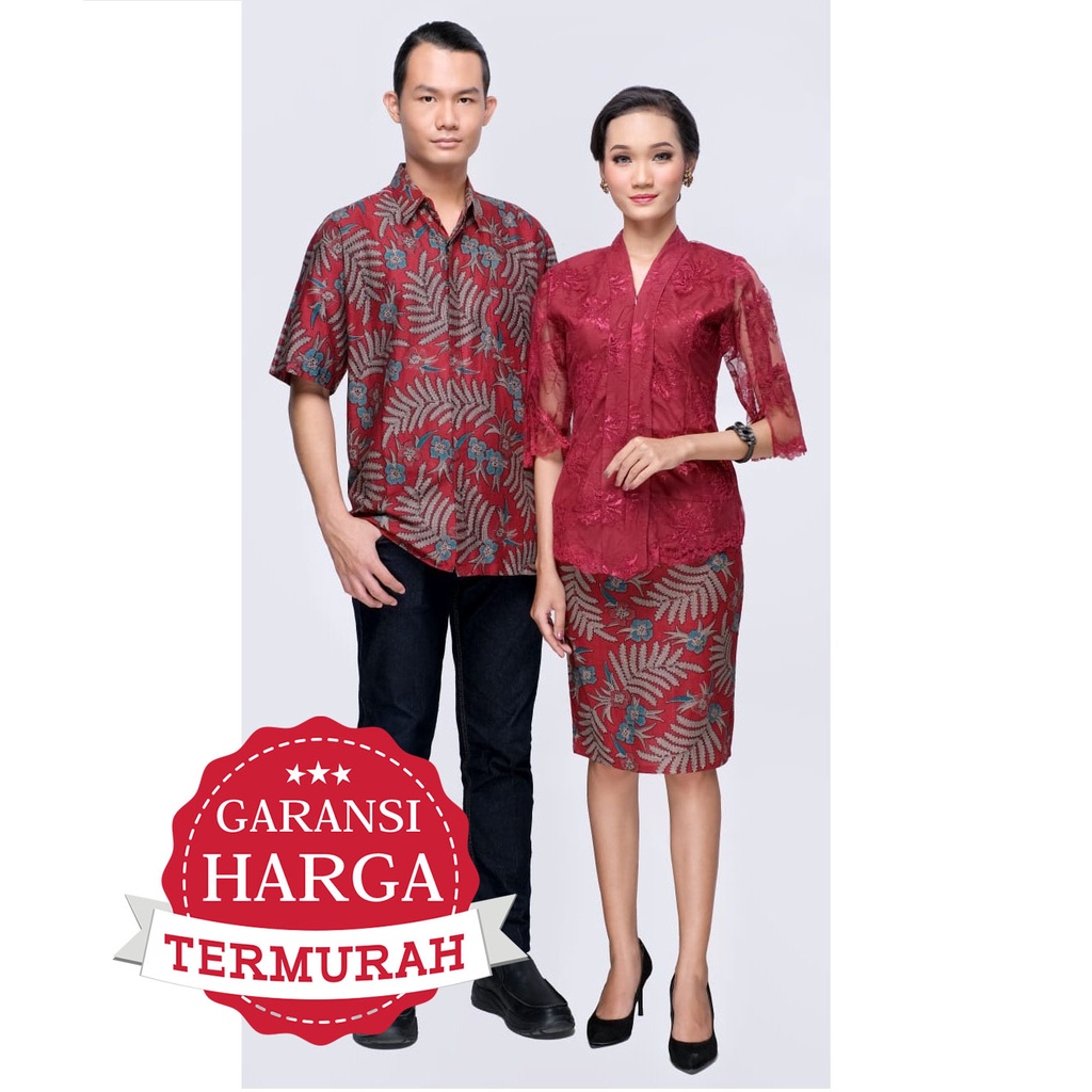 Sarimbit Kebaya Brokat Seragam Keluarga Setelan Kantor Kerja Batik 3031 Merah Maroon