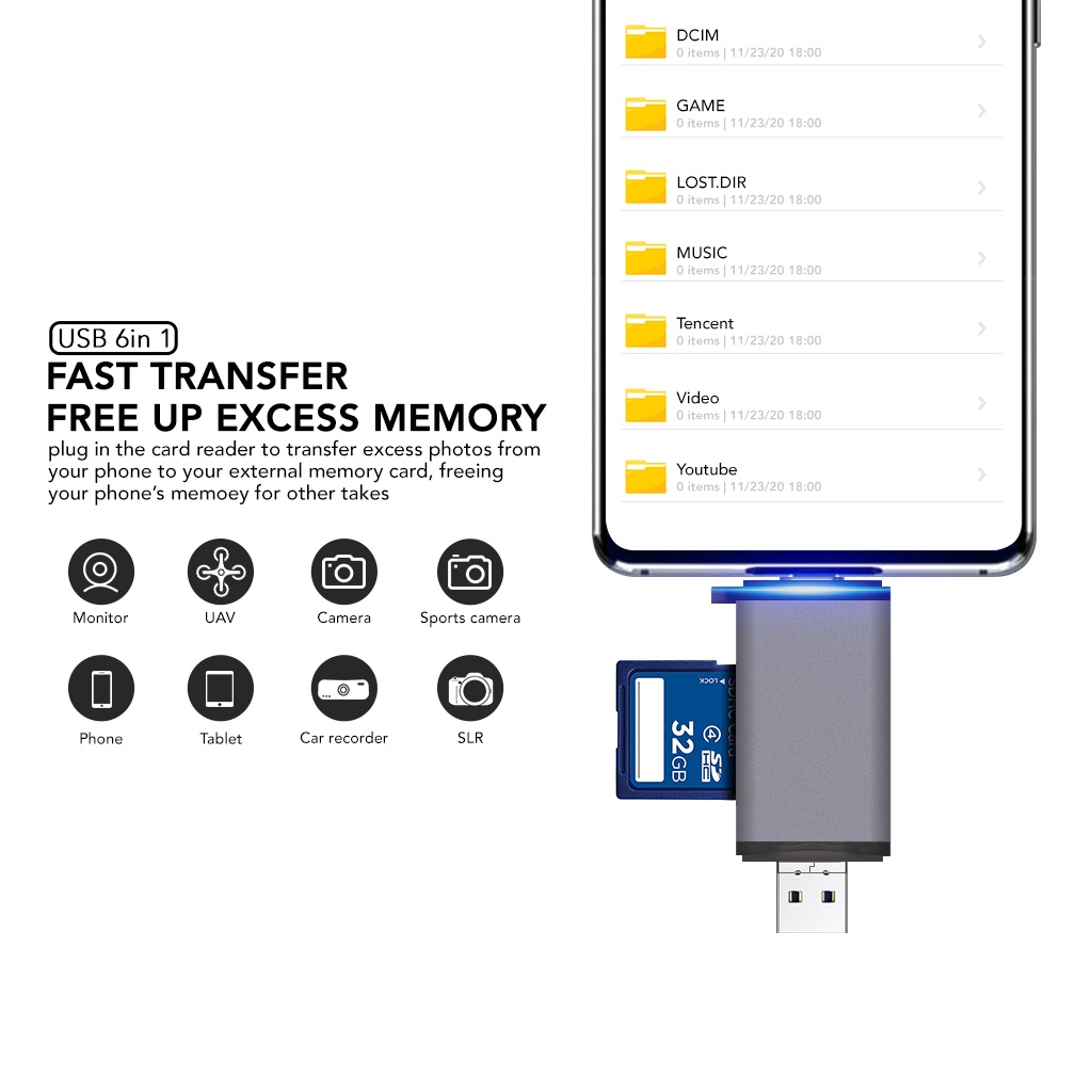 Cardreader  6 in 1 USB 3.0 / Type C / Micro USB / SD Card / TF Memory Card Read OTG Adapter