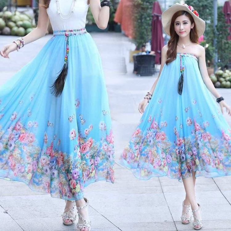 Baju Pantai Wanita Hijab ✥❉Etnis chiffon print rok wanita musim panas bohemian A-line rok panjang ay