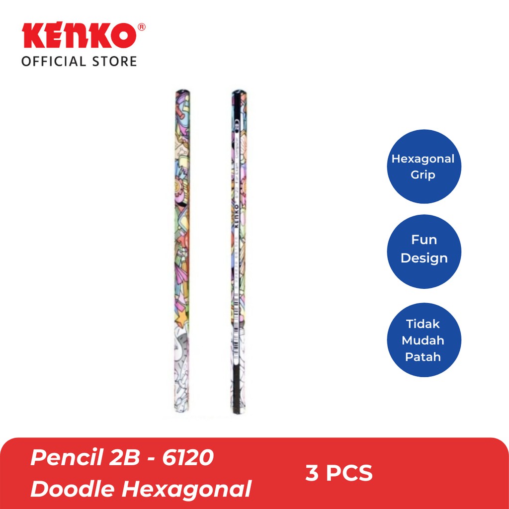 

KENKO PENCIL/Pensil Kayu 2B-6120 Motif Doodle Lucu Hexagonal Mix 3PCS
