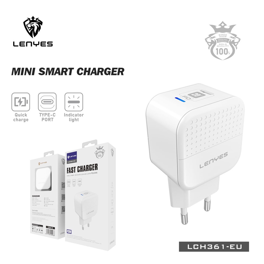 LENYES LCH361 adaptor charger PD 20W FAST CHARGING 3.0A Power Delivery Port Type C Batok Kepala Cas HP original