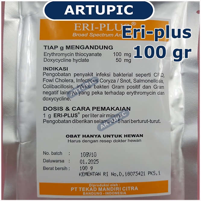 Eri-plus 100 gram Obat CRD Snot Ternak Hewan Unggas Efektif membunuh mikroorganisme Haemophilus Pasteurella Salmonella Ecoli Streptococcus Staphylococcus Mycoplasma yang peka terhadap Erythromycin dan Doxycycline.