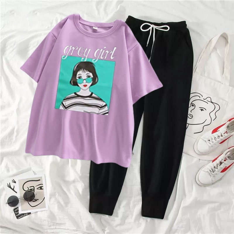 Stelan Kaos Wanita Murah + Celana GREY GIRL