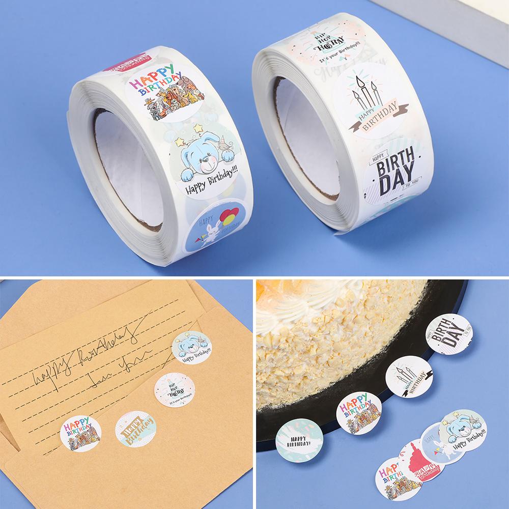 Nanas 500 Pcs/Roll Happy Birthday Stiker Perekat Diri Alat Tulis Pesta Perlengkapan Bakery Kartu Putaran Sealing Label