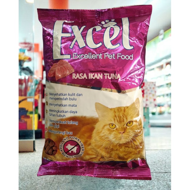 makanan kucing dry food "excel" 500g ungu bentuk ikan. pakan kucing persia anggora kampung rasa ikan