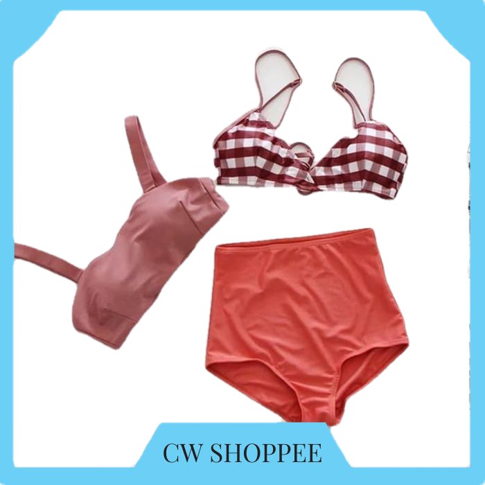 BIKINI SET BRA SET OUTER BAJU RENANG WANITA CELANA BUSA HIGHWAIST MURAH Bikini Pantai Outfit Pantai