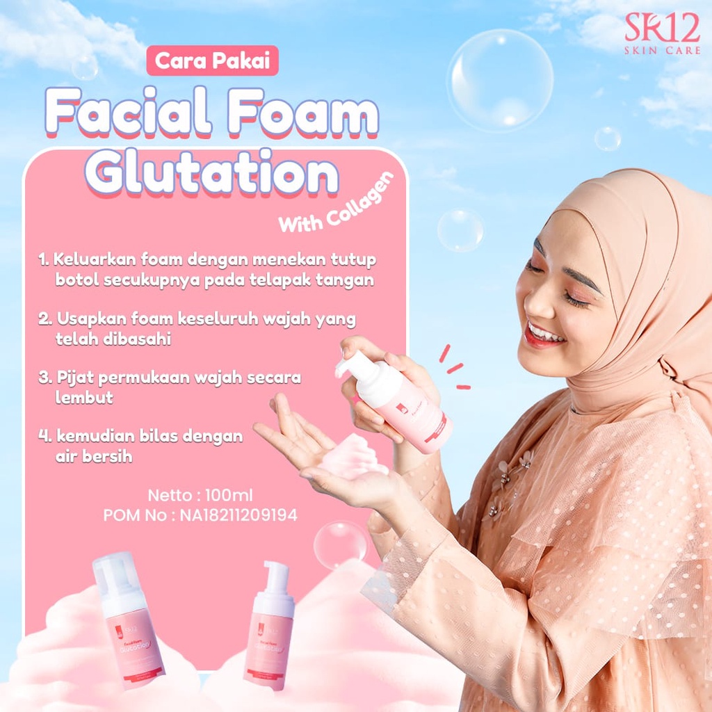 Facial Foam Glutation SR12 With Collagen Niacinamide / Pembersih Wajah / Pembersih MakeUp / Perawatan Wajah SR12 Skincare