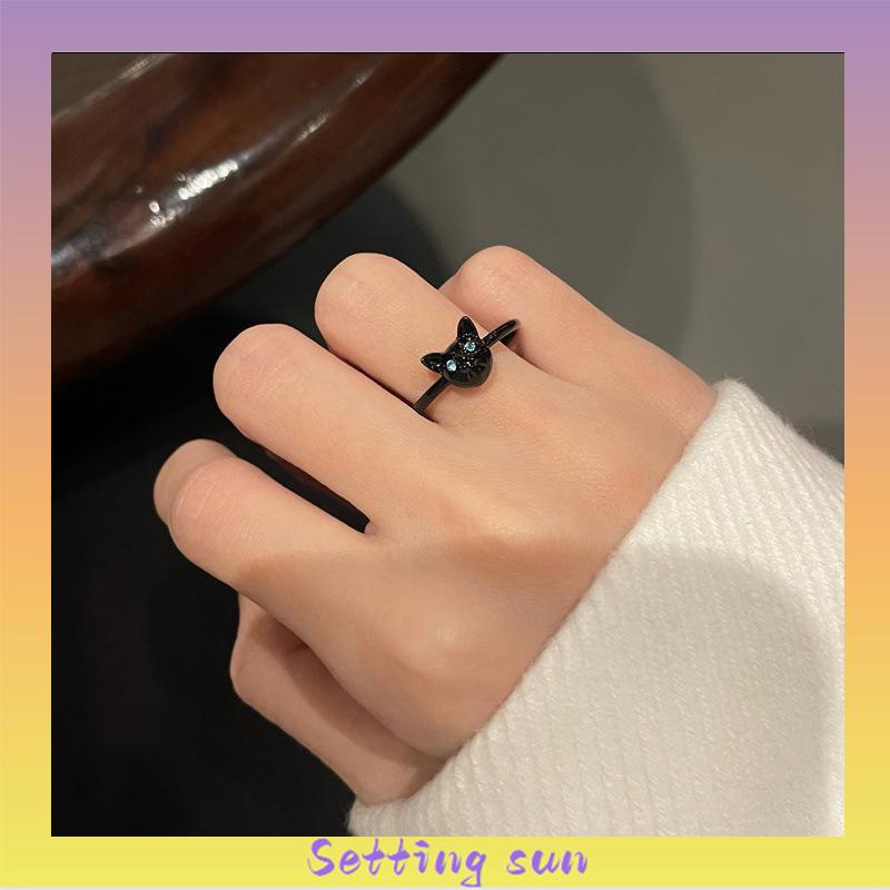 Cincin Kucing Hitam Wanita Trendi Desain Niche Cincin Jari Telunjuk Fashion Kepribadian Cincin TN