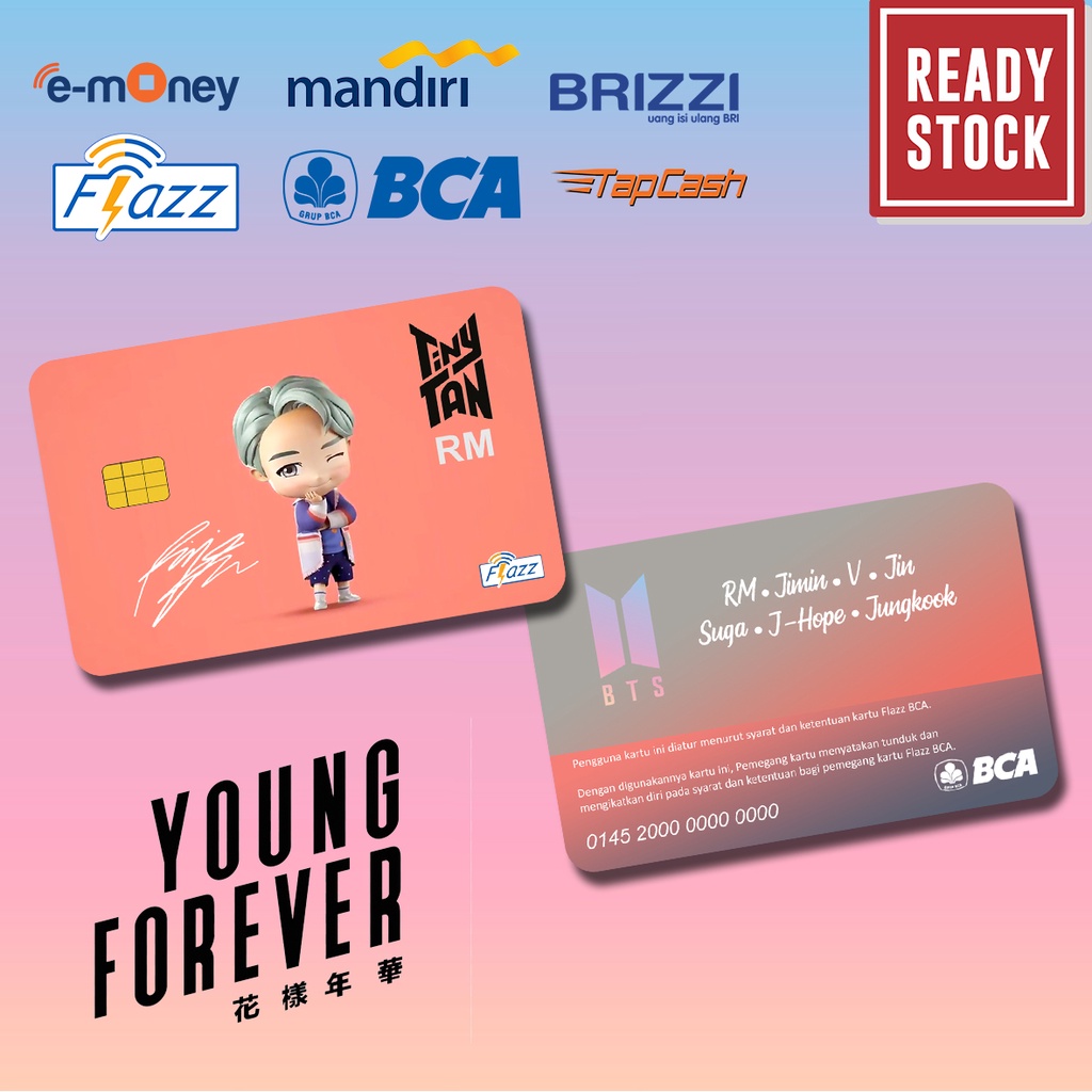 Emoney mandiri flazz bca gen 2 brizzi tap cash custom BTS ARMY jimin, jungkook, v, rm, j-hope, jin, suga kartu e toll free edit 1 sisi atau 2 sisi cocok untuk komunitas dan souvenir