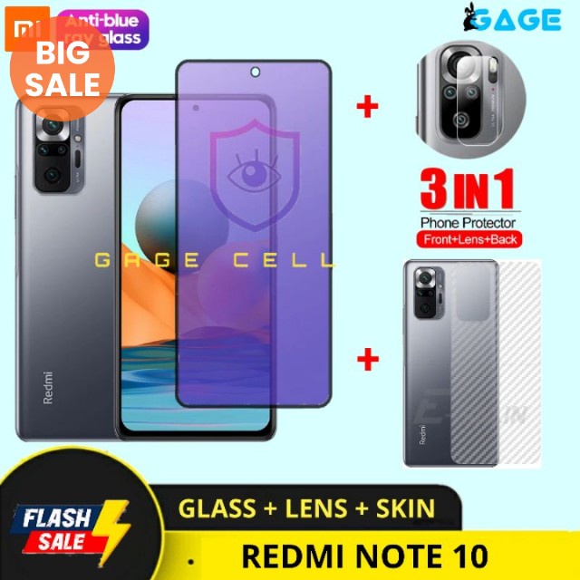 PAKET 3 IN 1 TEMPERED GLASS ANTI RADIASI BLUE LIGHT XIAOMI REDMI NOTE 10 10S FULL LAYAR SCREEN