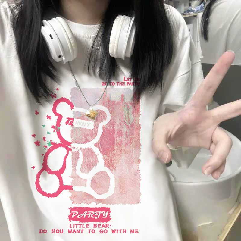 Kaos Lengan Pendek Pink Bear Korean Style/Kaos Atasan Wanita/Baju Kaus Oversize Wanita