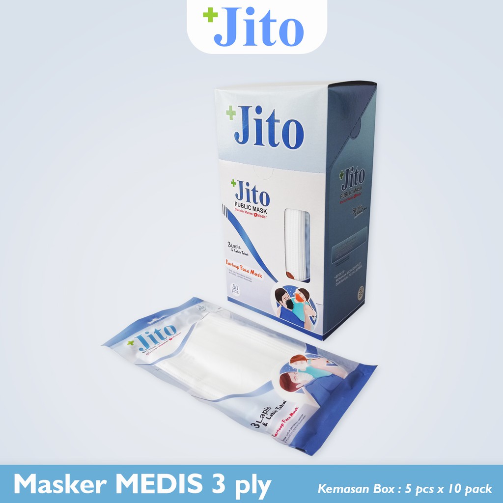 Masker Jito Medis 3 Ply Putih Earloop - Kemasan Box & Sachet Isi 5pcs X 10 Pack