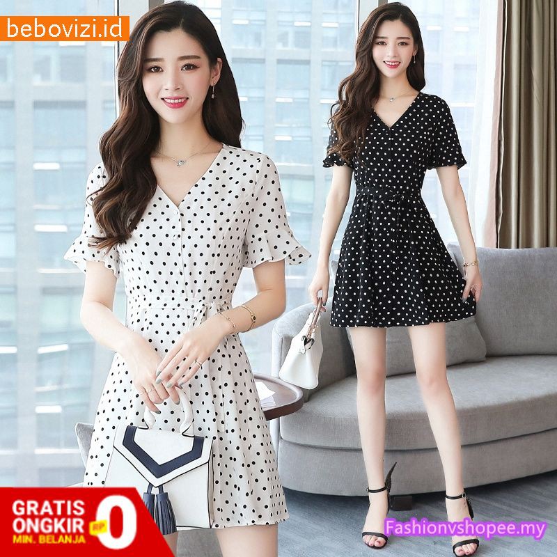 Casual Dress Midi V-Neck Lengan Pendek Bahan Sifon Hitam Putih Musim Panas